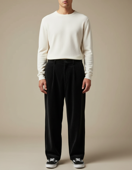 Pantalon Velours Noir Ample Côtelé Décontracté Homme - Cordé