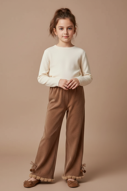 Pantalon Velours Marron Évasé Pompons Fille