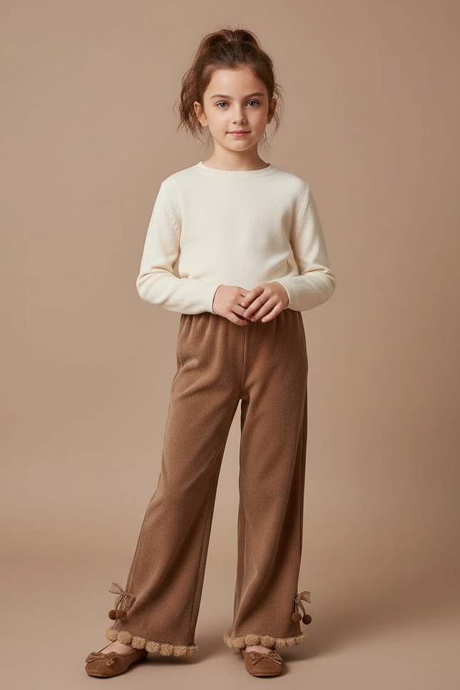Pantalon Velours Marron Évasé Pompons Fille