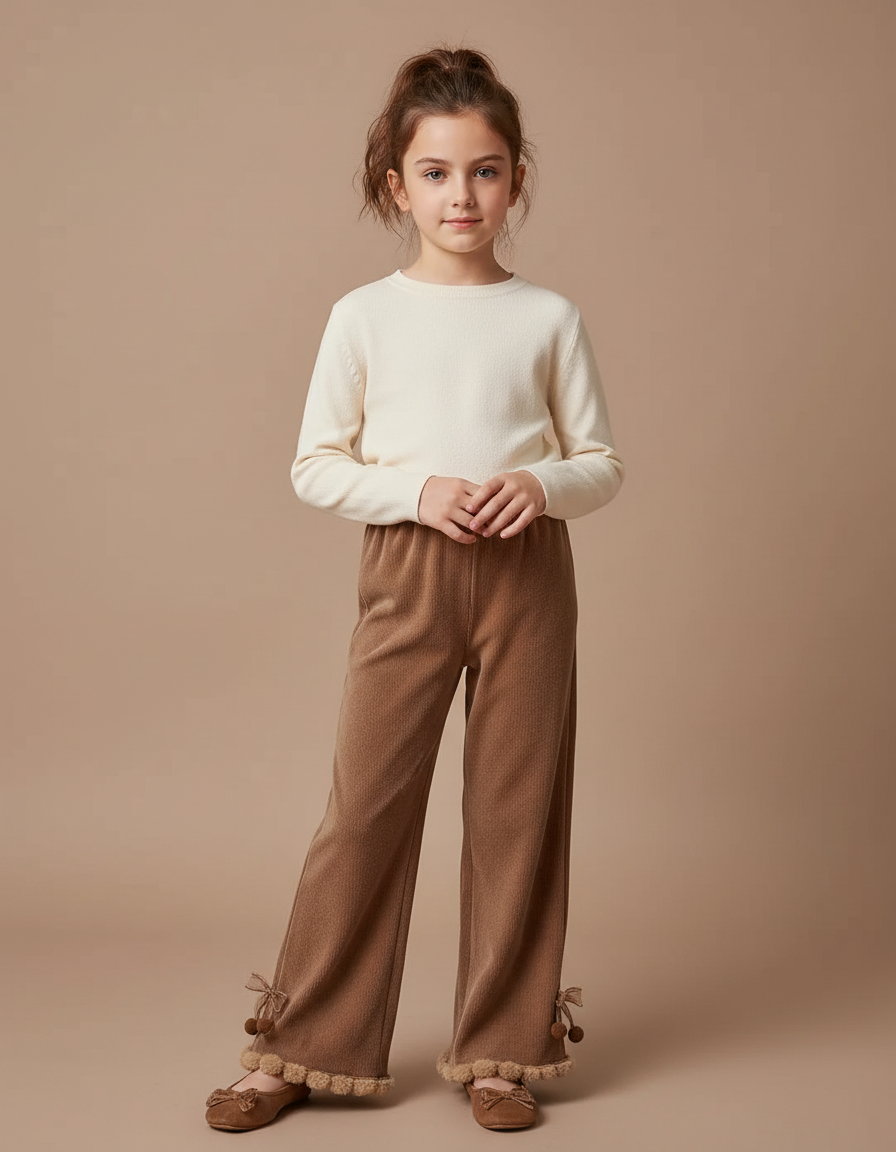 Pantalon Velours Marron Évasé Pompons Fille