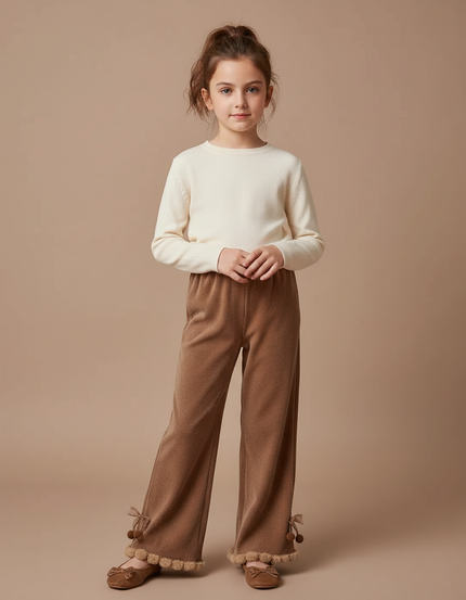 Pantalon Velours Marron Évasé Pompons Fille
