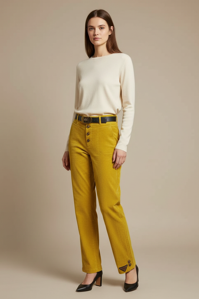 Pantalon Velours Moutarde Femme - Jaune Cordé