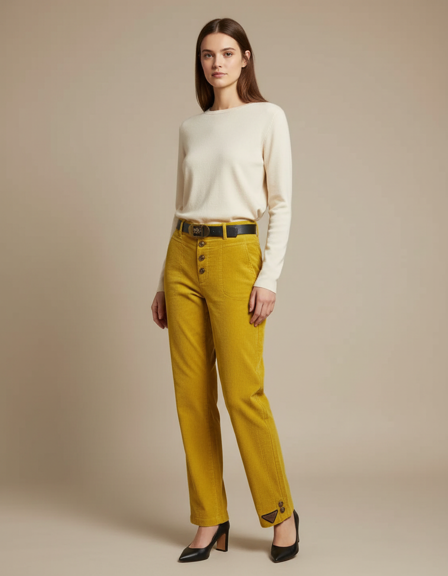 Pantalon Velours Moutarde Femme - Jaune Cordé
