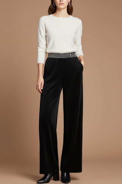 Pantalon Velours Noir Côtelé Large Taille Haute Femme - Cordé