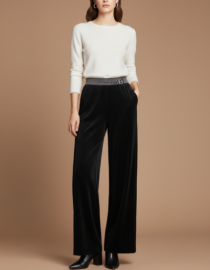 Pantalon Velours Noir Côtelé Large Taille Haute Femme - Cordé