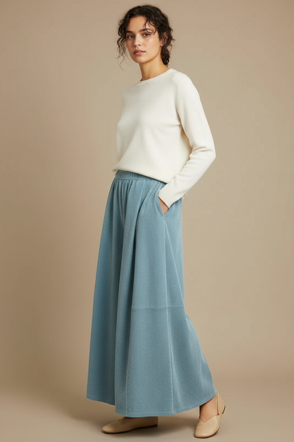 Pantalon Velours Côtelé Ample Bleu Femme Confortable - Cordé