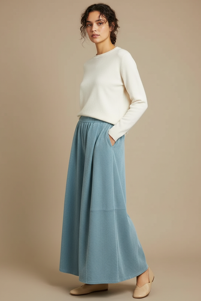Pantalon Velours Côtelé Ample Bleu Femme Confortable - Cordé
