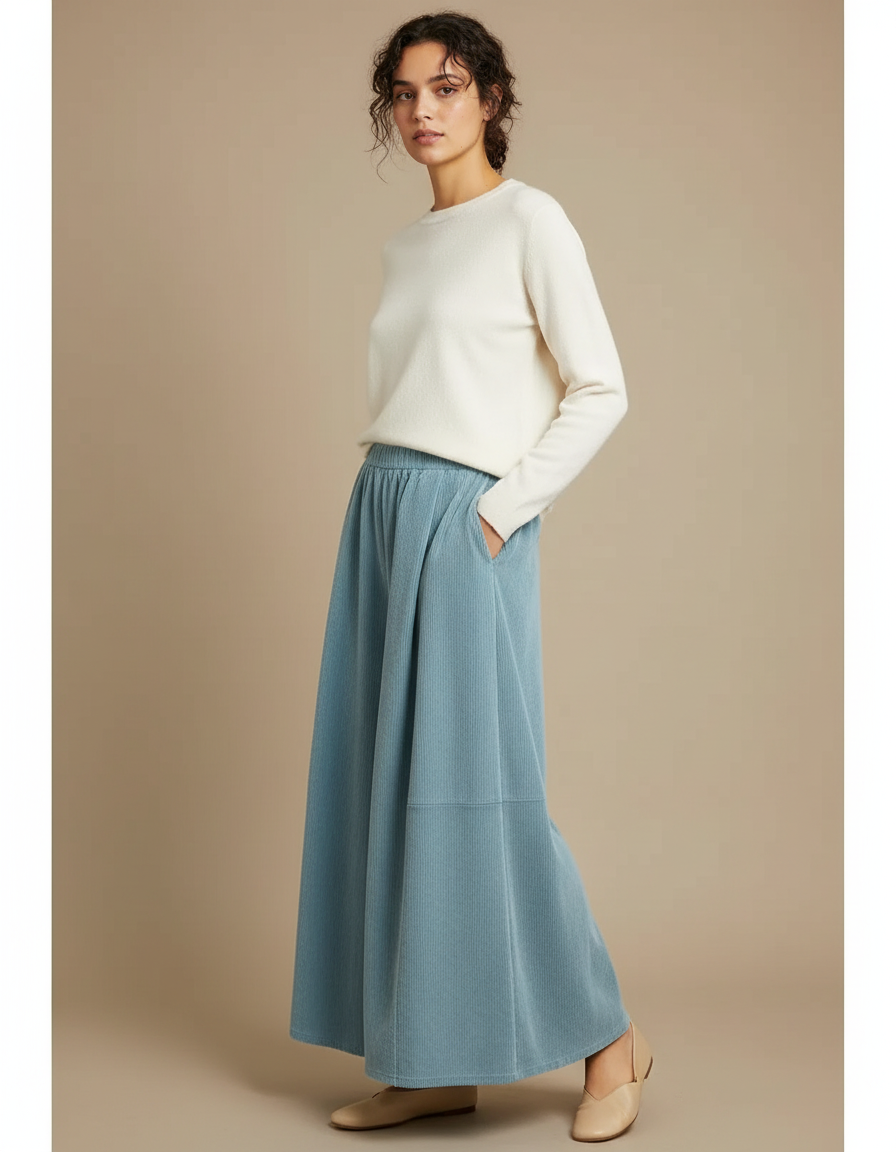 Pantalon Velours Côtelé Ample Bleu Femme Confortable - Cordé