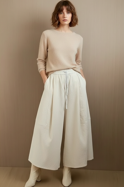 Pantalon Velours Large Écru Confortable Taille Haute Femme - Blanc Cordé