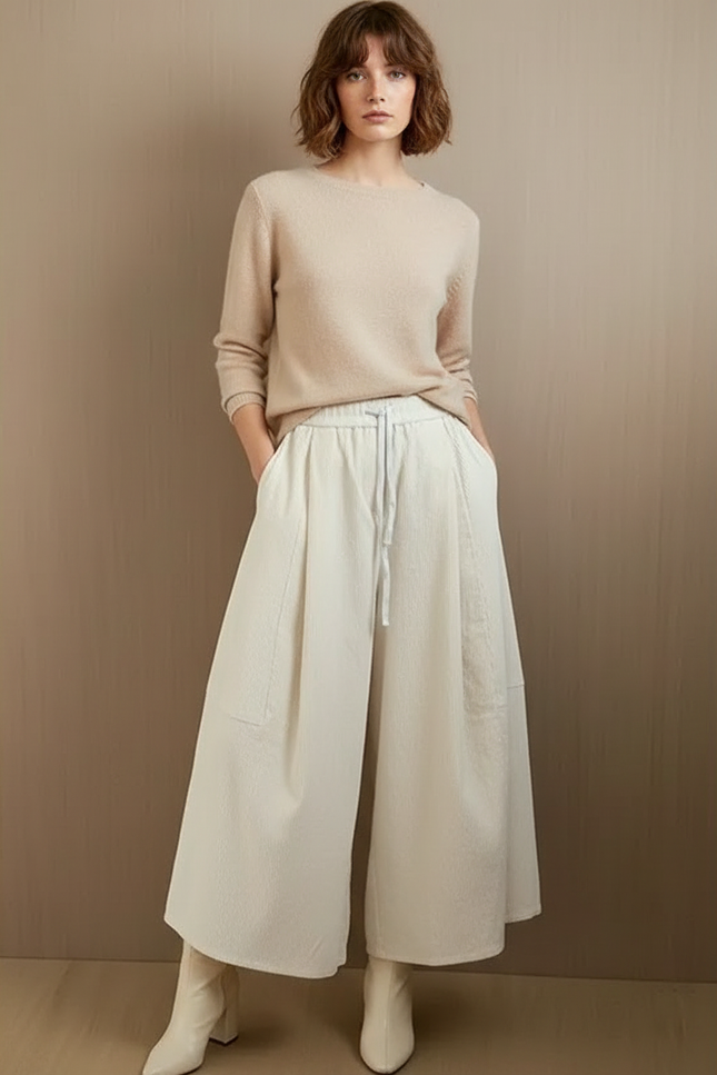 Pantalon Velours Large Écru Confortable Taille Haute Femme - Blanc Cordé