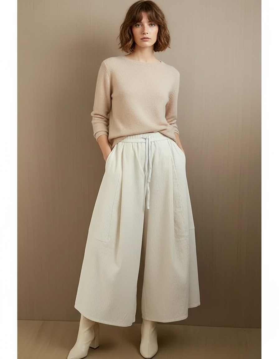Pantalon Velours Large Écru Confortable Taille Haute Femme - Blanc Cordé