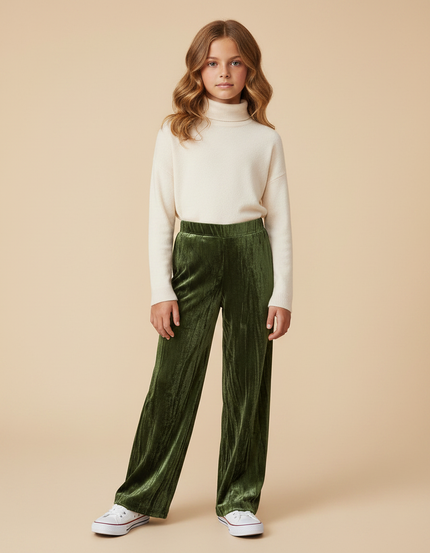 Pantalon Velours Vert Plissé Ample Fille