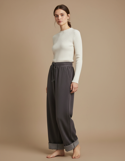 Pantalon Velours Gris Molletonné Large Confortable Femme