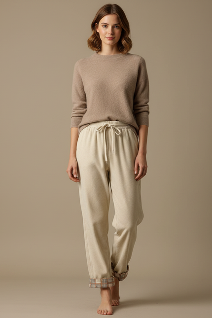 Pantalon Velours Crème Côtelé Droit Plaid Décontracté Femme - Beige