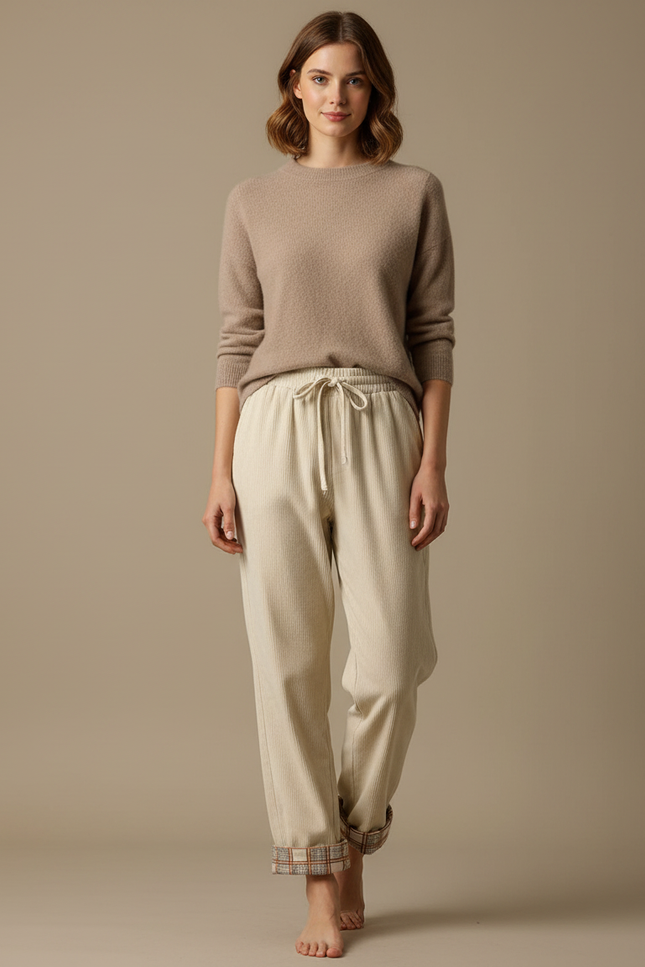 Pantalon Velours Crème Côtelé Droit Plaid Décontracté Femme - Beige