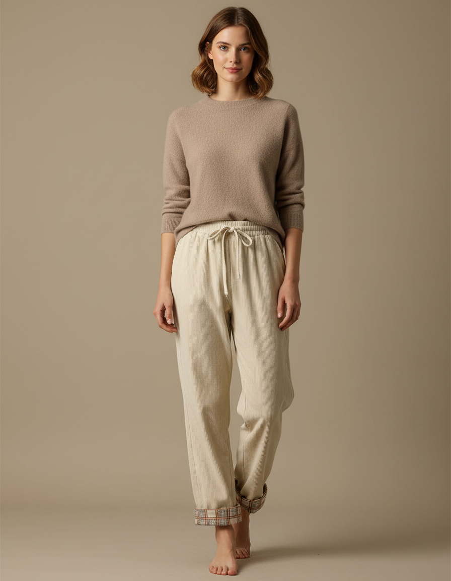 Pantalon Velours Crème Côtelé Droit Plaid Décontracté Femme - Beige