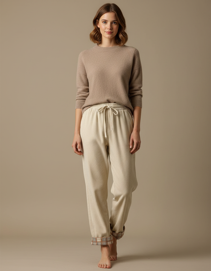 Pantalon Velours Crème Côtelé Droit Plaid Décontracté Femme - Beige
