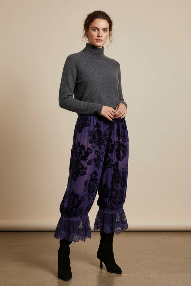 Pantalon Velours Violet Floral Dentelle Ample Élégant