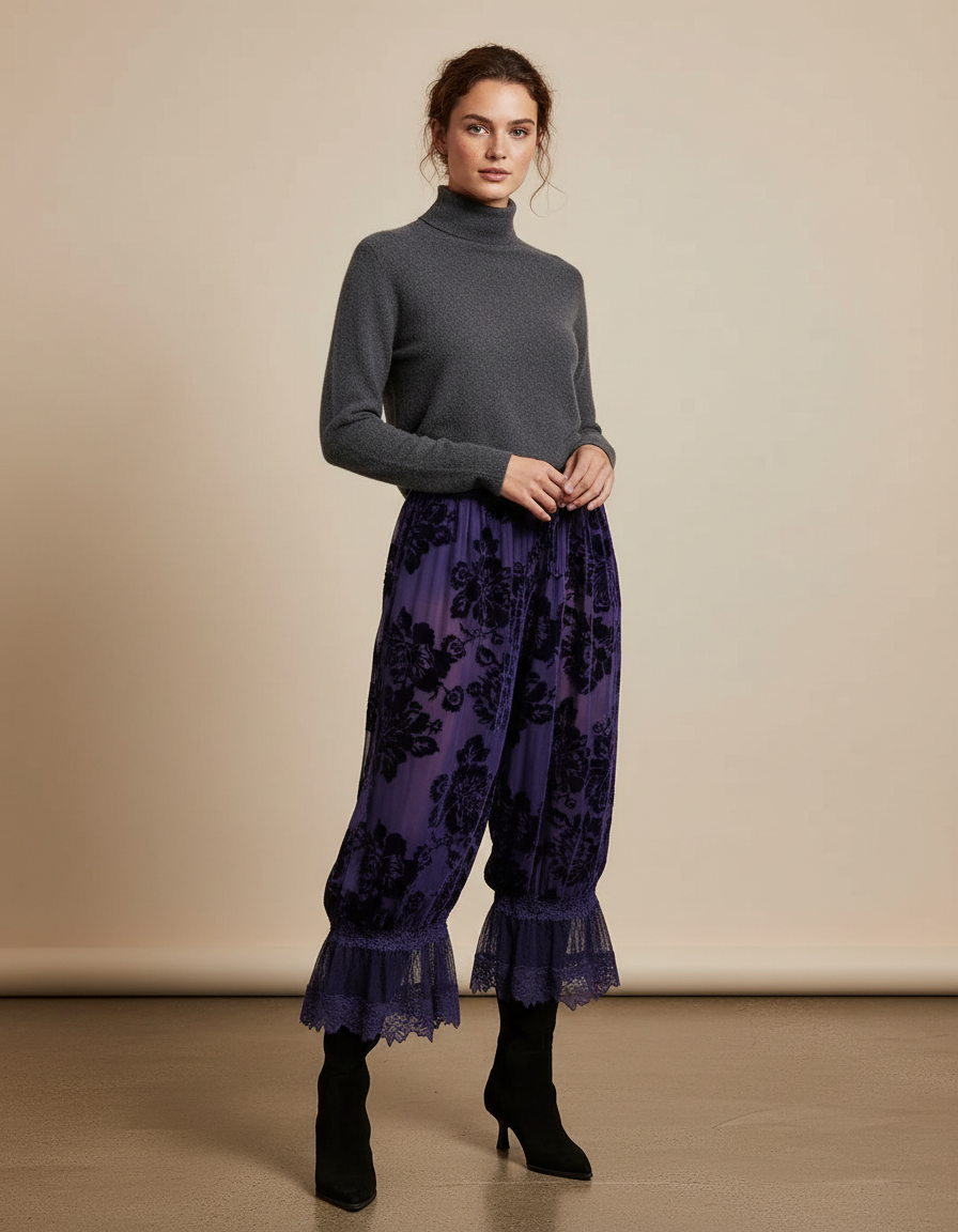 Pantalon Velours Violet Floral Dentelle Ample Élégant