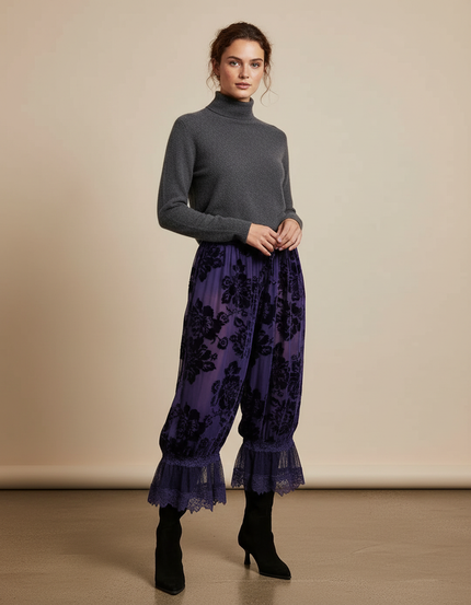 Pantalon Velours Violet Floral Dentelle Ample Élégant