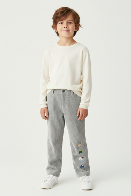 Pantalon Velours Côtelé Gris Brodé Enfant Décontracté - Cordé