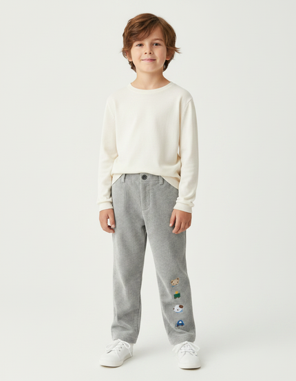 Pantalon Velours Côtelé Gris Brodé Enfant Décontracté - Cordé