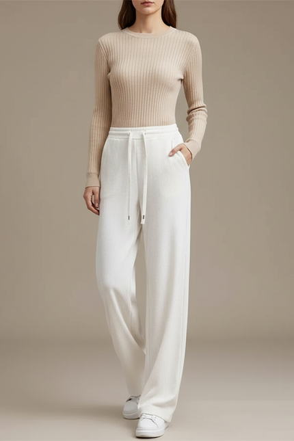 Pantalon Velours Blanc Côtelé Ample Décontracté Femme - Cordé
