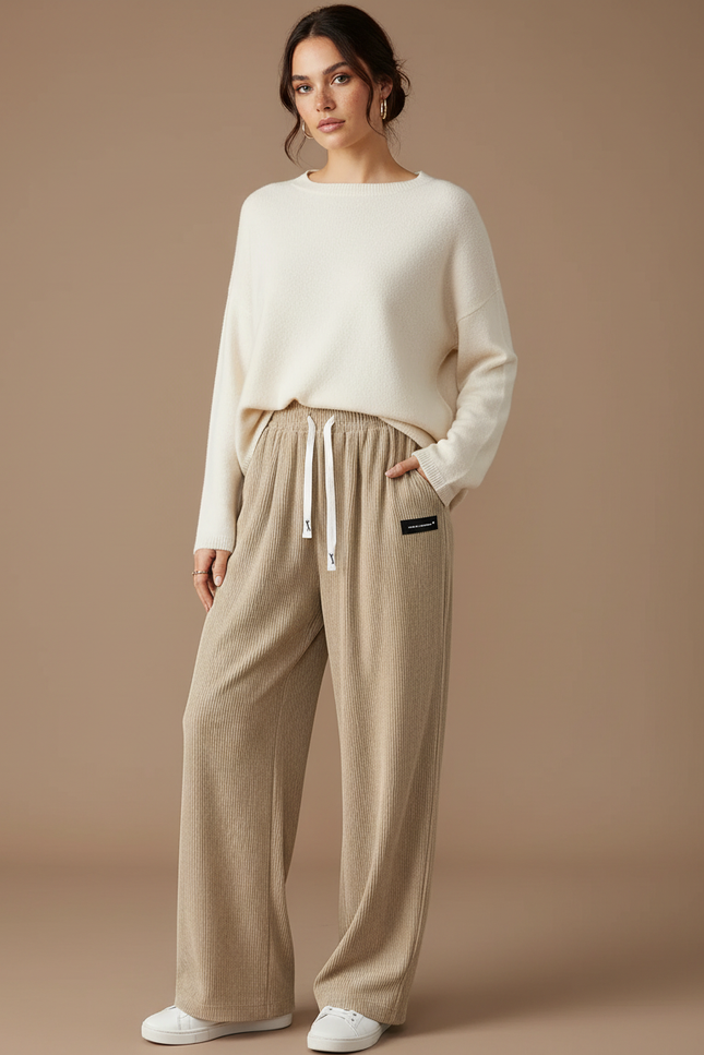 Pantalon Velours Côtelé Ample Décontracté Beige Femmes - Cordé