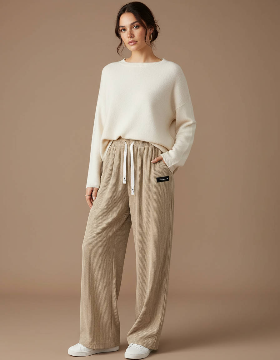 Pantalon Velours Côtelé Ample Décontracté Beige Femmes - Cordé
