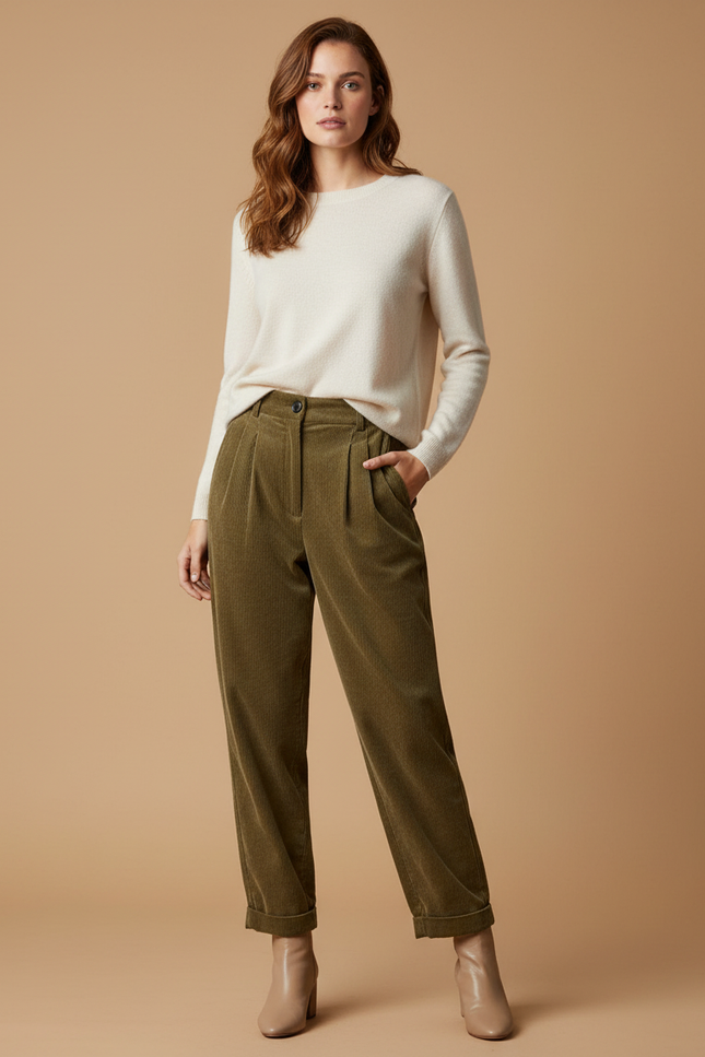 Pantalon Velours Vert Côtelé Droit Décontracté Femme - Kaki Cordé