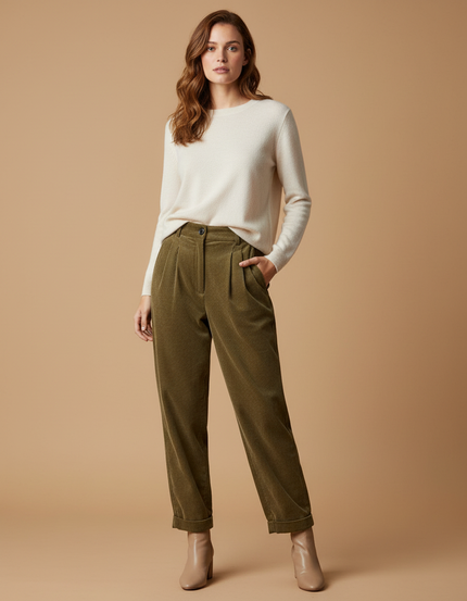 Pantalon Velours Vert Côtelé Droit Décontracté Femme - Kaki Cordé