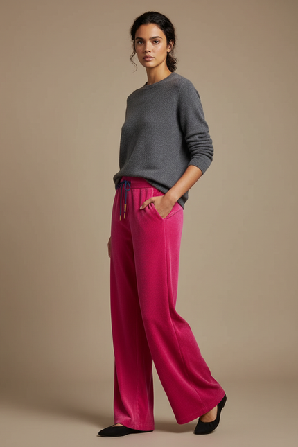 Pantalon Velours Fuchsia Côtelé Large Décontracté Femme - Rose Cordé