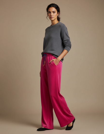 Pantalon Velours Fuchsia Côtelé Large Décontracté Femme - Rose Cordé