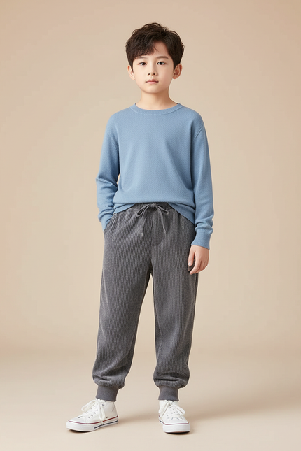 Pantalon Velours Côtelé Gris Enfant Ample Décontracté - Cordé