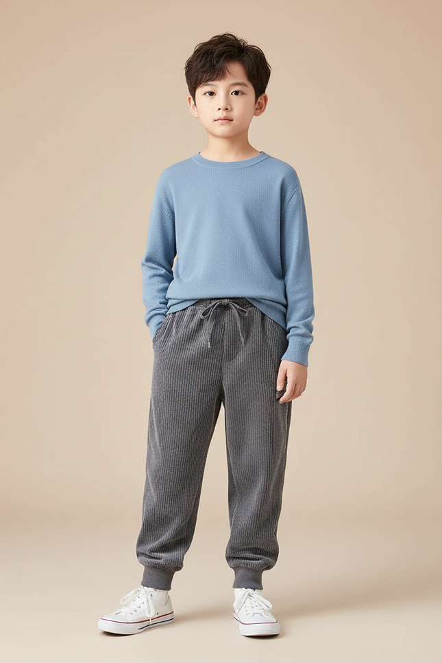 Pantalon Velours Côtelé Gris Enfant Ample Décontracté - Cordé