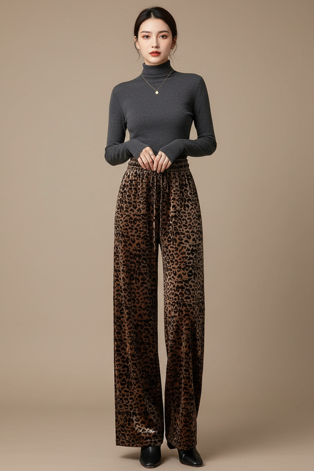 Pantalon Velours Léopard Large Taille Haute Femme - Imprimé