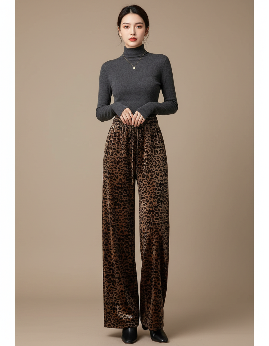 Pantalon Velours Léopard Large Taille Haute Femme - Imprimé