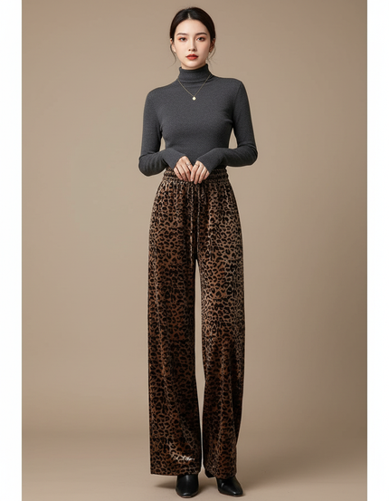 Pantalon Velours Léopard Large Taille Haute Femme - Imprimé
