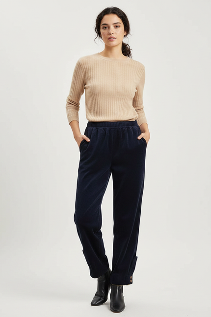 Pantalon Velours Bleu Marine Côtelé Ample Décontracté - Cordé