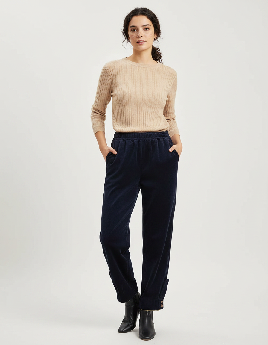 Pantalon Velours Bleu Marine Côtelé Ample Décontracté - Cordé