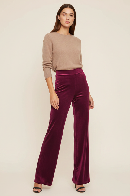 Pantalon Velours Bordeaux Fluide Large Taille Haute Femme