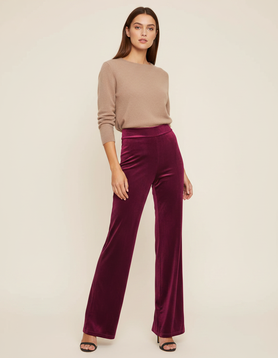 Pantalon Velours Bordeaux Fluide Large Taille Haute Femme