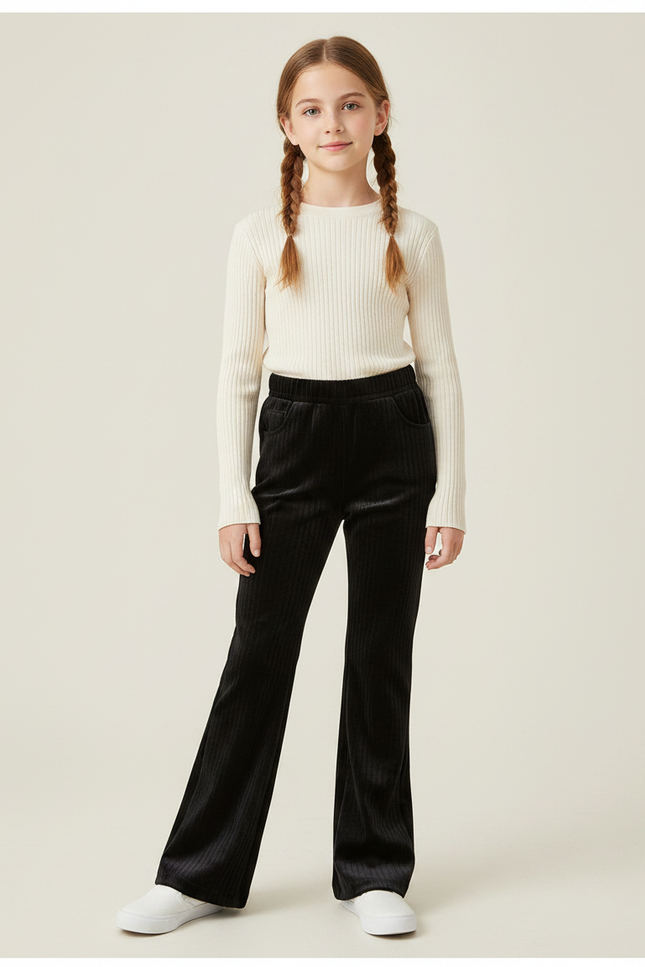 Pantalon Velours Noir Côtelé Évasé Confortable Fille - Cordé