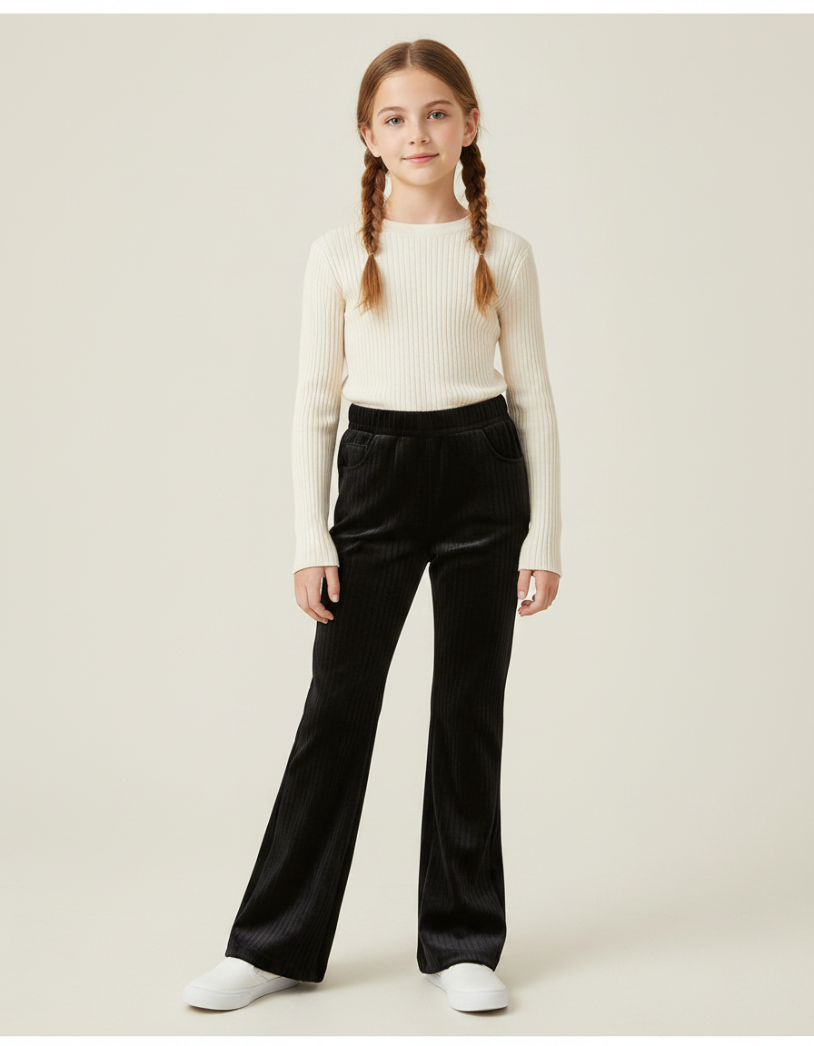 Pantalon Velours Noir Côtelé Évasé Confortable Fille - Cordé