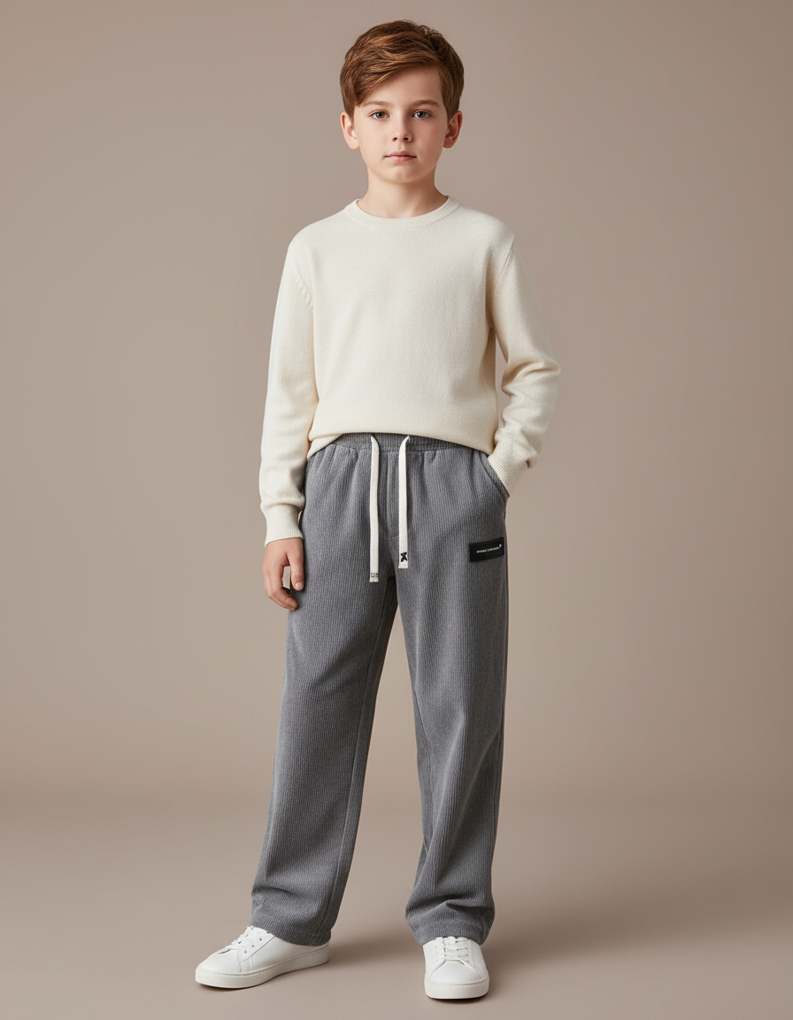 Pantalon Velours Côtelé Gris Droit Décontracté Enfant - Cordé