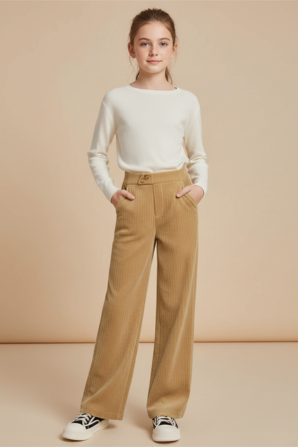 Pantalon Velours Beige Côtelé Large Droit Fille