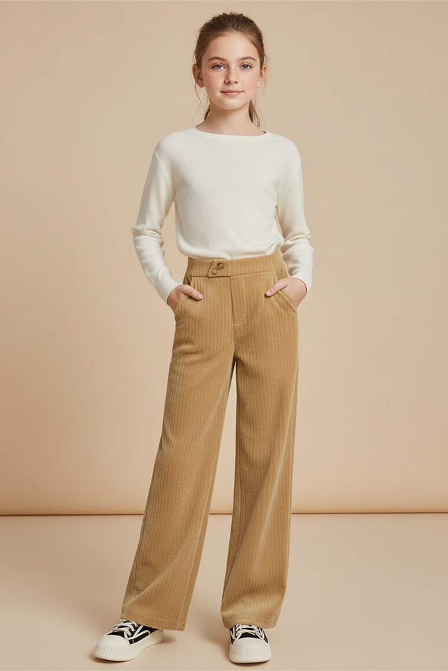 Pantalon Velours Beige Côtelé Large Droit Fille