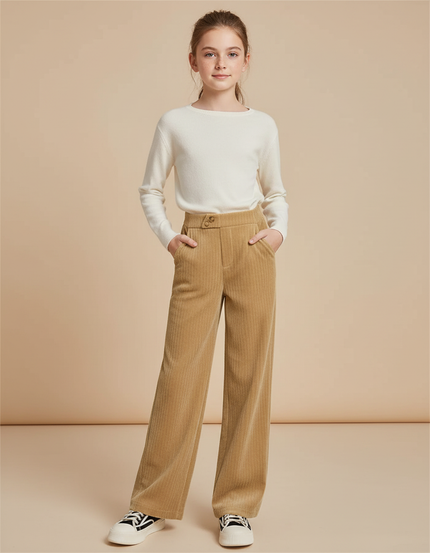 Pantalon Velours Beige Côtelé Large Droit Fille