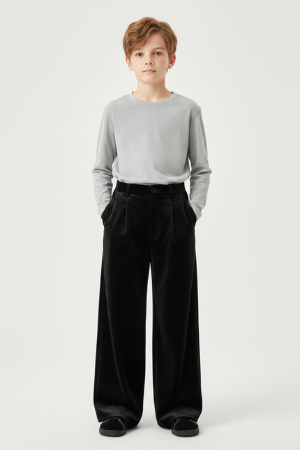 Pantalon Velours Noir Ample Droit Élégant Enfant Hiver