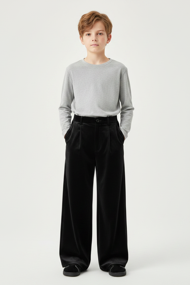 Pantalon Velours Noir Ample Droit Élégant Enfant Hiver